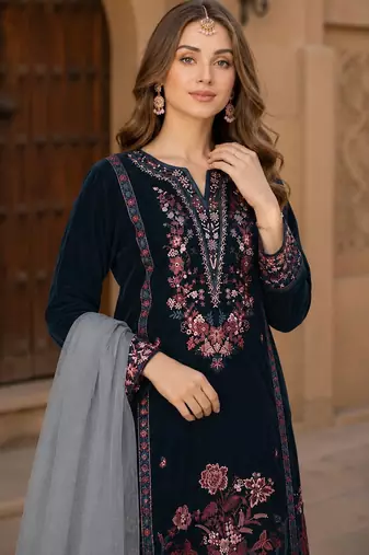 Navy blue velvet semi stitched suit with embroidery sequence work
