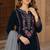 Navy blue velvet semi stitched suit with embroidery sequence work