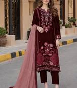 Maroon velvet semi stitched suit with embroidery sequence work