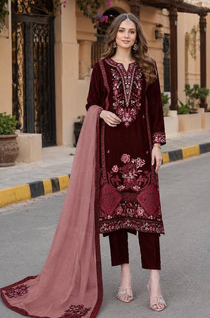 Maroon velvet semi stitched suit with embroidery sequence work