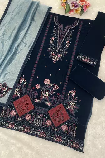 Navy blue velvet semi stitched suit with embroidery sequence work