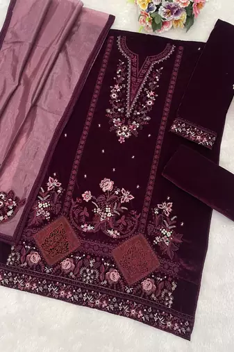 Purple velvet semi stitched suit with embroidery sequence work