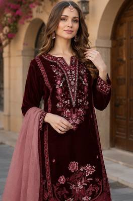 Maroon velvet suit with embroidery sequin work 2
