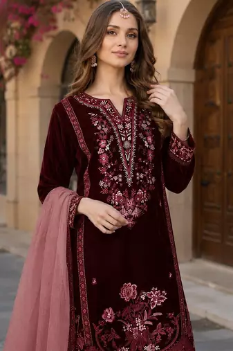 Maroon velvet semi stitched suit with embroidery sequence work