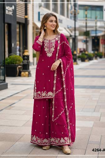 Red chinon free size stitched plazzo suit with embroidered & bearts work