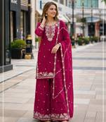 Red chinon free size stitched plazzo suit with embroidered & bearts work