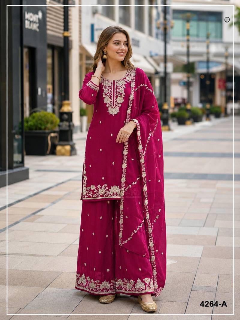 Red chinon free size stitched plazzo suit with embroidered & bearts work