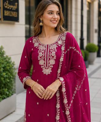 Red chinon free size stitched palazzo suit with embroidered & bearts work 2