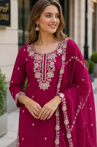Red chinon free size stitched plazzo suit with embroidered & bearts work