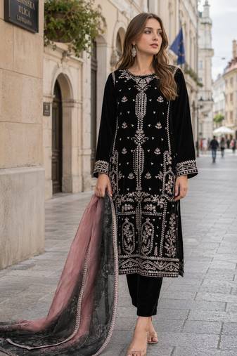 Black velvet semi stitched suit with embroidery sequence work