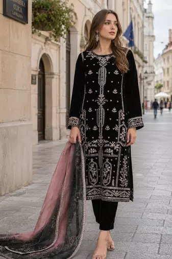 Black velvet semi stitched suit with embroidery sequence work