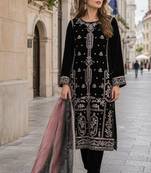 Black velvet semi stitched suit with embroidery sequence work