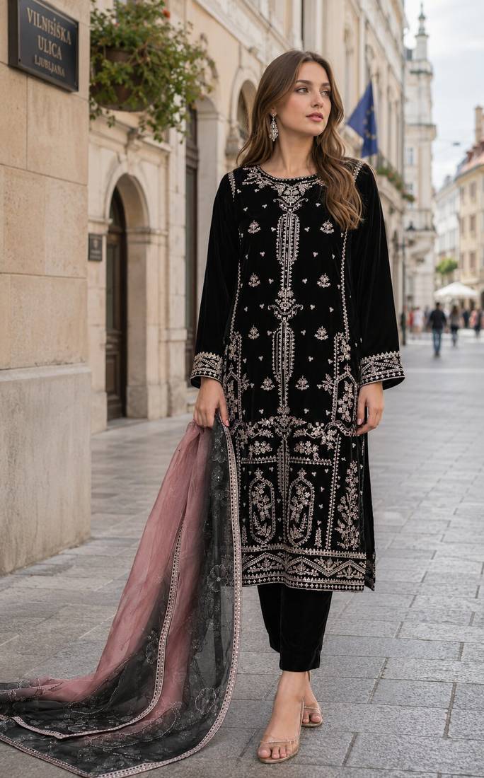 Black velvet semi stitched suit with embroidery sequence work
