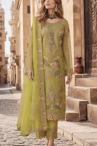 Lemon embroidered faux georgette semi stitched salwar suit