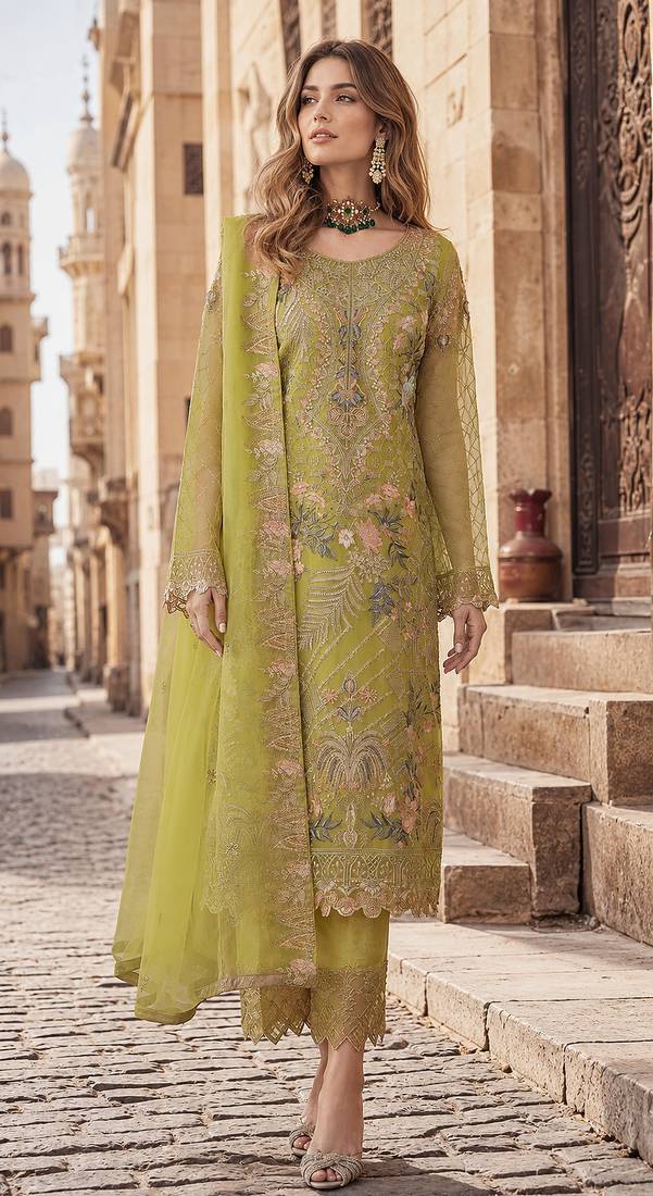 Lemon embroidered faux georgette semi stitched salwar suit