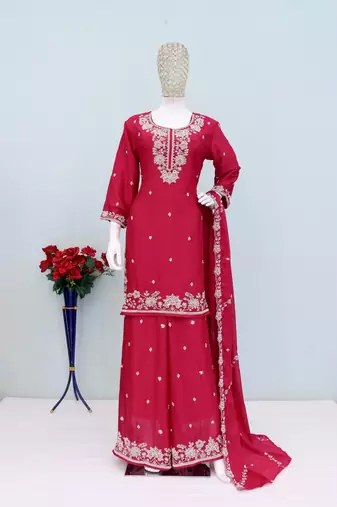 Red chinon free size stitched plazzo suit with embroidered & bearts work