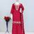 Red chinon free size stitched plazzo suit with embroidered & bearts work
