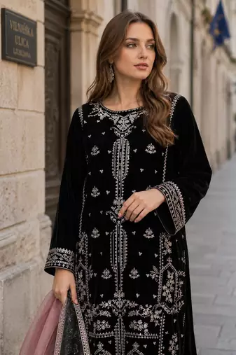 Black velvet semi stitched suit with embroidery sequence work