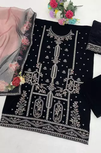 Black velvet semi stitched suit with embroidery sequence work