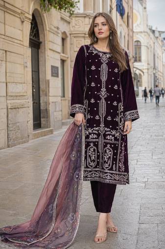 Purple velvet semi stitched suit with embroidery sequence work