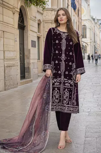 Purple velvet semi stitched suit with embroidery sequence work