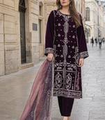 Purple velvet semi stitched suit with embroidery sequence work