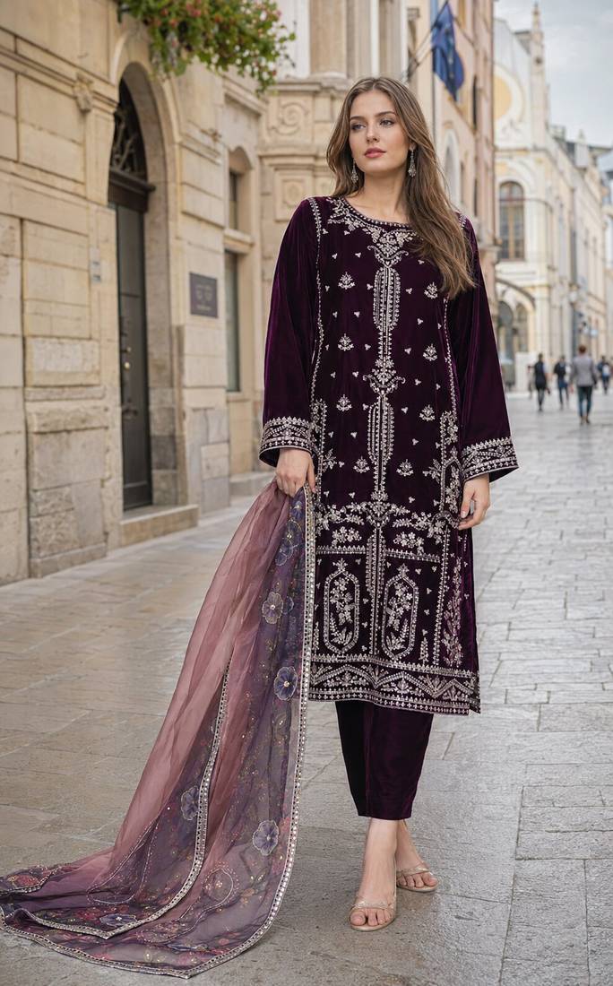 Purple velvet semi stitched suit with embroidery sequence work