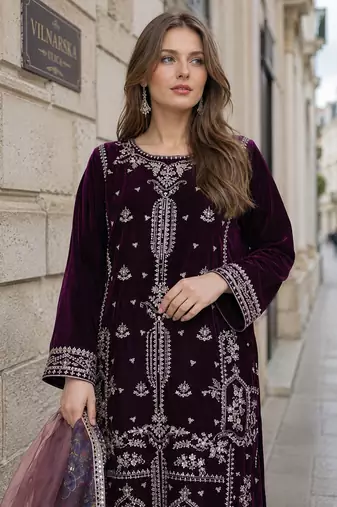 Purple velvet semi stitched suit with embroidery sequence work