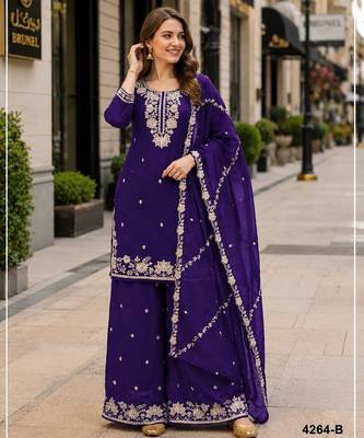 Violet chinon free size stitched palazzo suit with embroidered & bearts work 1