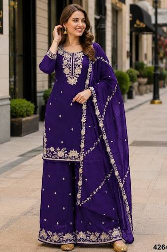 Violet chinon free size stitched plazzo suit with embroidered & bearts work