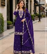 Violet chinon free size stitched plazzo suit with embroidered & bearts work