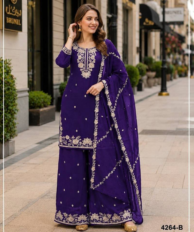 Violet chinon free size stitched plazzo suit with embroidered & bearts work
