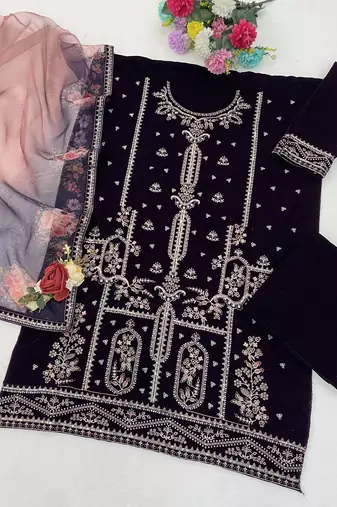 Purple velvet semi stitched suit with embroidery sequence work