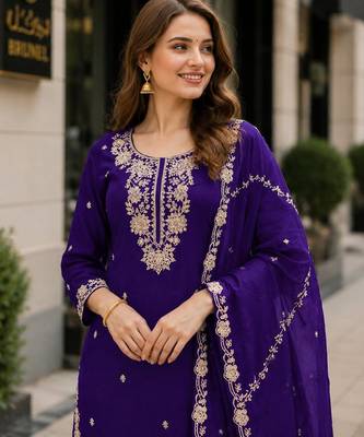 Violet chinon free size stitched palazzo suit with embroidered & bearts work 2
