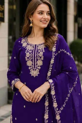 Violet chinon free size stitched plazzo suit with embroidered & bearts work