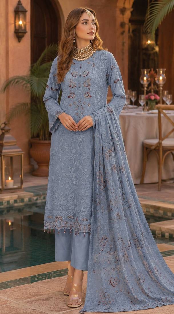 Light blue fox georgette embroidered semi stitched salwar suit