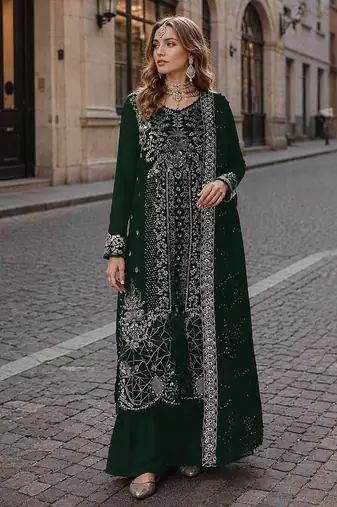 Green velvet semi stitched suit with embroidery sequence work
