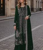 Green velvet semi stitched suit with embroidery sequence work