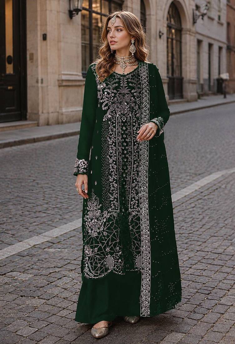 Green velvet semi stitched suit with embroidery sequence work