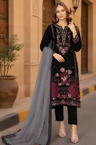 Black velvet semi stitched suit with embroidery sequence work