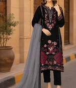 Black velvet semi stitched suit with embroidery sequence work