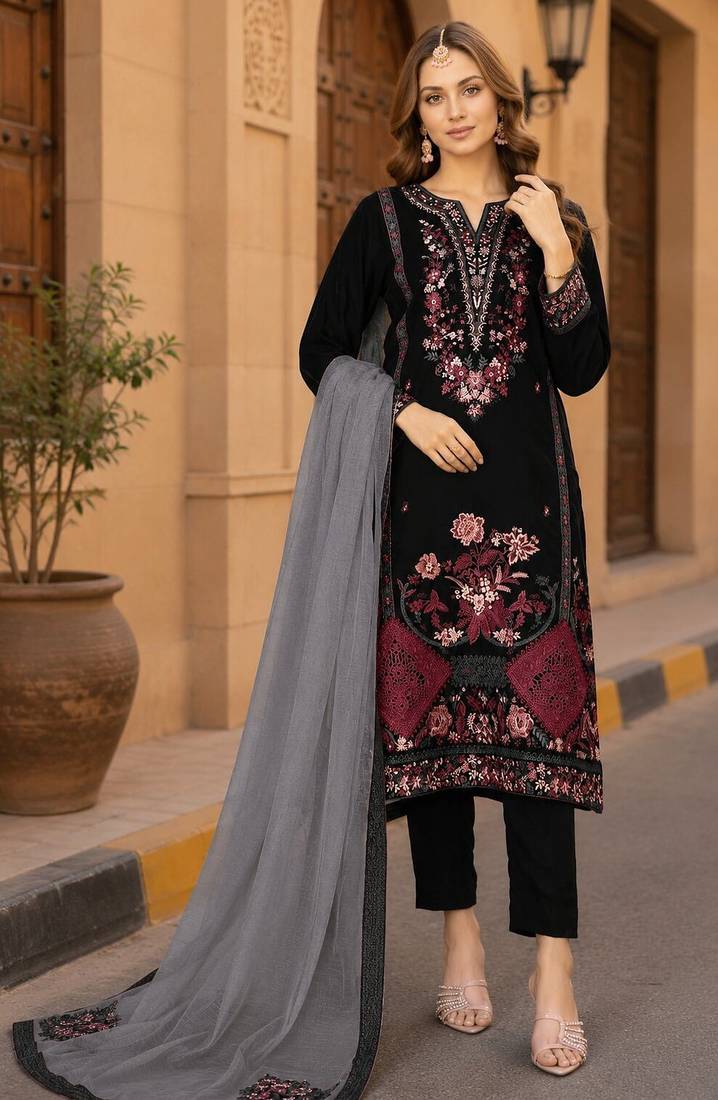 Black velvet semi stitched suit with embroidery sequence work