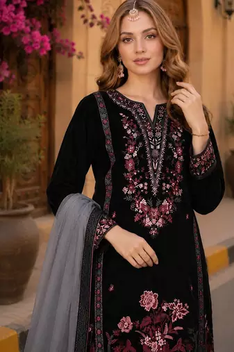 Black velvet semi stitched suit with embroidery sequence work