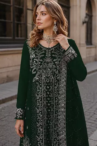 Green velvet semi stitched suit with embroidery sequence work
