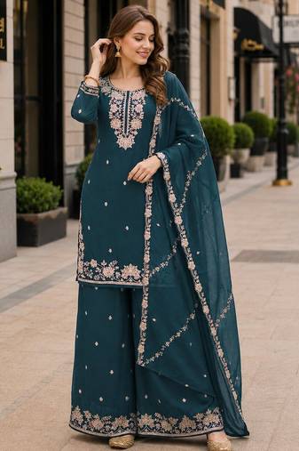 Teal chinon free size stitched plazzo suit with embroidered & bearts work