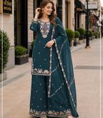 Teal chinon free size stitched plazzo suit with embroidered & bearts work