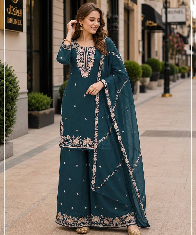 Teal chinon free size stitched plazzo suit with embroidered & bearts work