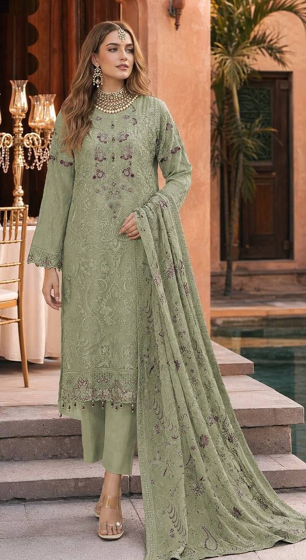 Light sea green fox georgette embroidered semi stitched salwar suit