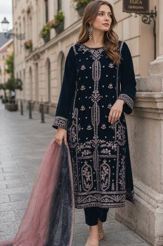 Navy blue velvet semi stitched suit with embroidery sequence work