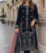 Navy blue velvet semi stitched suit with embroidery sequence work